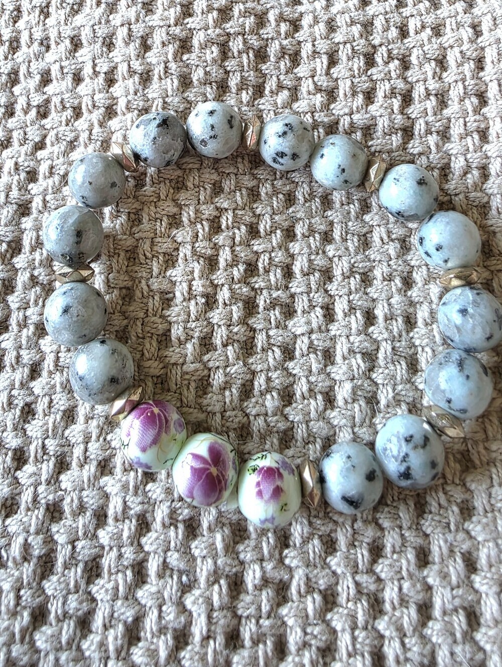 Kiwi Jasper Beaded Bracelet With Transferware Beads